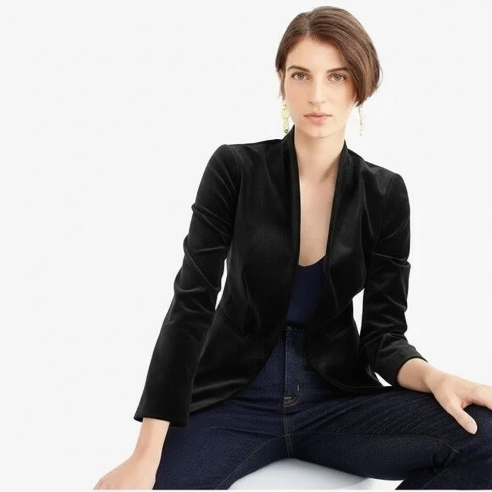 NWT J.Crew Going Out Blazer in Black Stretch Velvet Open Front Jacket 8